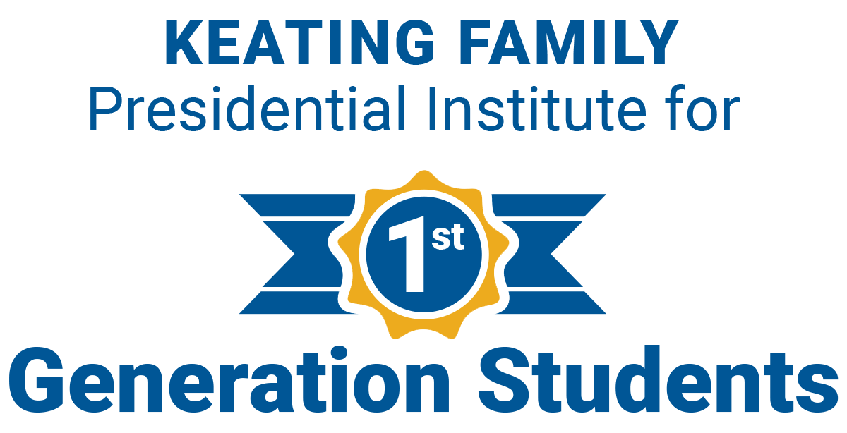 Keating Family Presidential First Generation Institiute logo  -words with a blue ribbon graghic